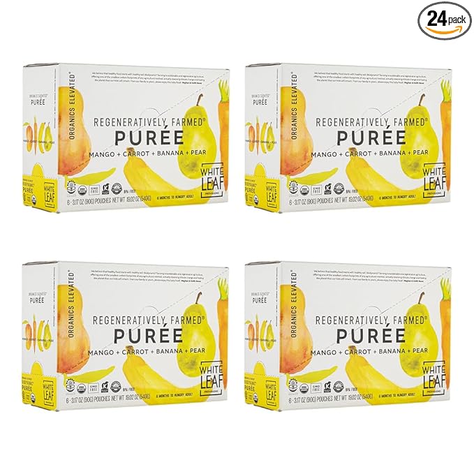 White Leaf Baby Food Pouches, Organic Toddler Snack - No Added Sugar Fruit & Veggies Puree Smoothie Pouch, Non-GMO, BPA-Free Regeneratively Farmed Pouches, Mango + Carrot + Banana + Pear (Pack of 24)