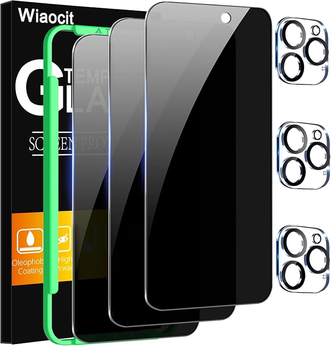 Wiaocit 3 Pack Tempered Glass Privacy Screen Protector for iPhone 16 Pro Max with 3 Pack Camera Lens Protector, 9H Hardness, Bubble Free, Case Friendly