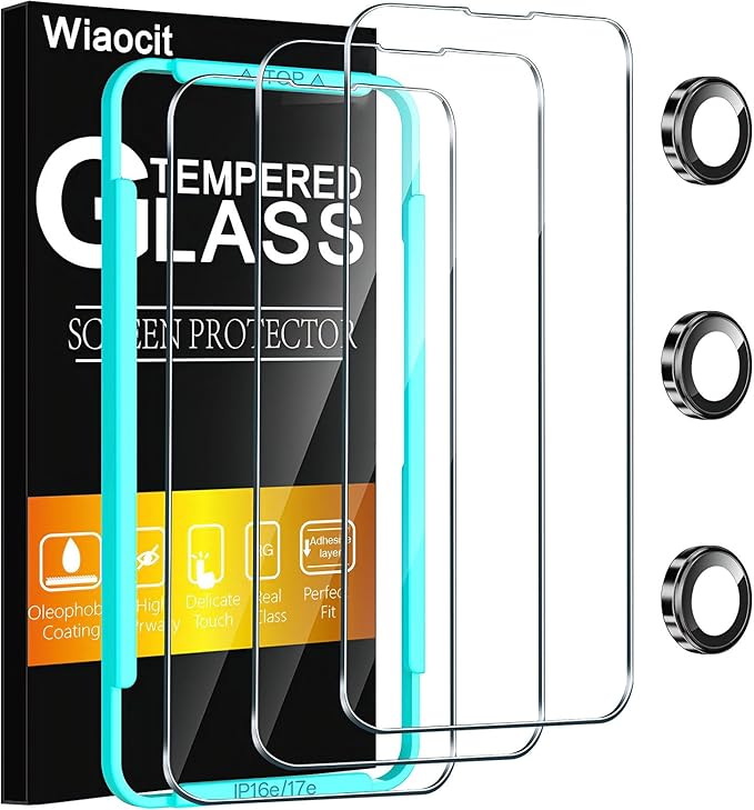 Wiaocit 3 Pack Tempered Glass Screen Protector for iPhone 16e/iPhone 17e with 3 Pack Camera Lens Protector, 9H Hardness, Bubble Free, Case Friendly