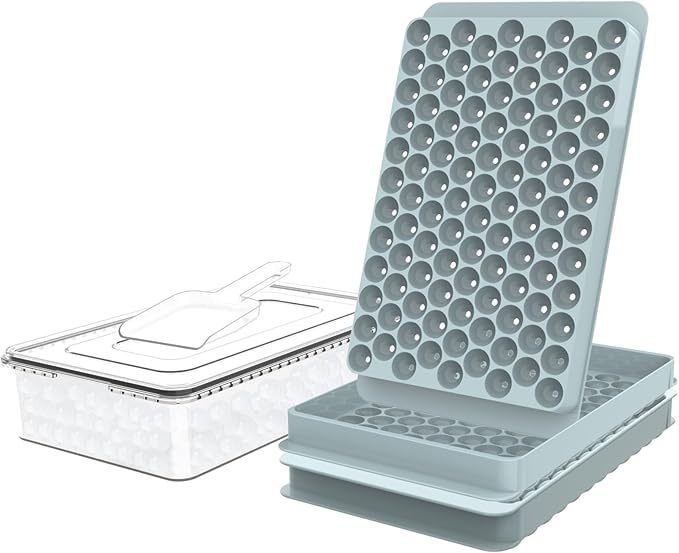 WIBIMEN Mini Ice Cube Trays for Freezer with Lid, 0.55" Pebble Ice | 2 Trays-Blue, with Ice Box & Scoop. for Iced Coffee, Bottles, Juice & Everyday Drinks, Easy Twist Release, Stackable