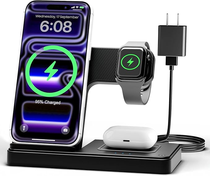 Wireless Charger iPhone Charging Station: 3 in 1 Charger Stand Multiple Devices for Apple - iPhone 17 16e 16 15 14 Pro Max 13 12 11 - Watch 11 10 9 8 7 6 5 4 3 2 SE and Ultra Series - Airpods 4 3 Pro