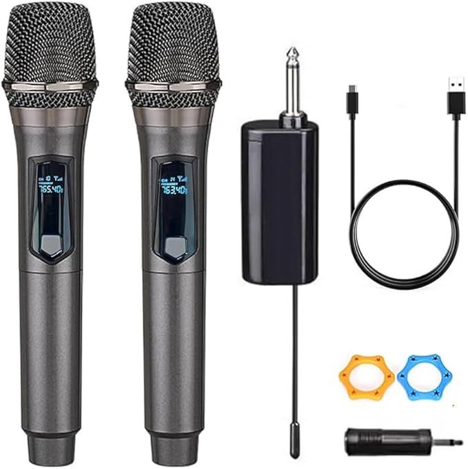 Wireless Microphone, Rechargeable Fixed Frequency Wireless Dual Microphone,Handheld Dynamic mic,Karaoke Singing, Weddings DJ,Party, Church, Classroom use, 200 feet, Gray.(2 Versions Randomly Shipped)