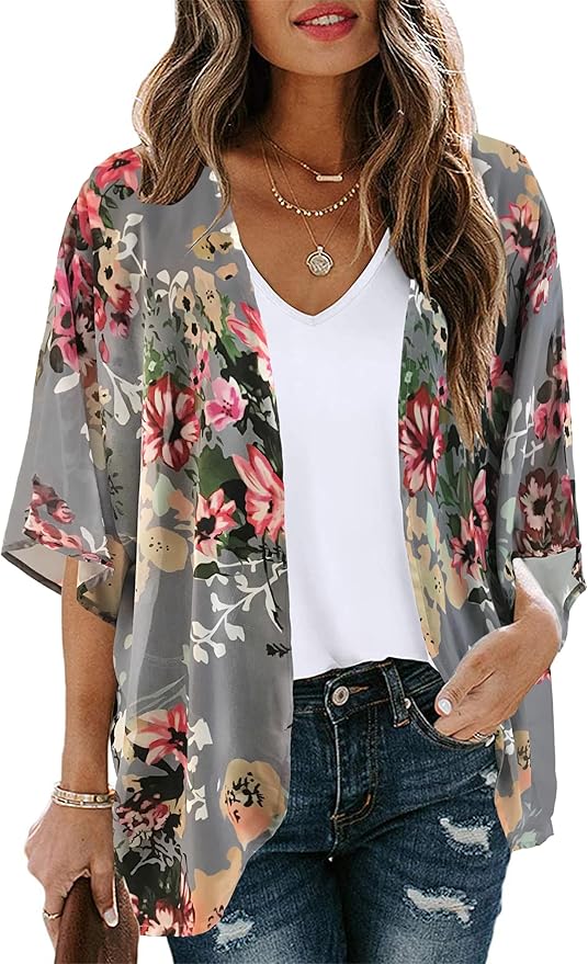 Women's Floral Print Puff Sleeve Kimono Cardigan Loose Cover Up Casual Blouse Tops 2026