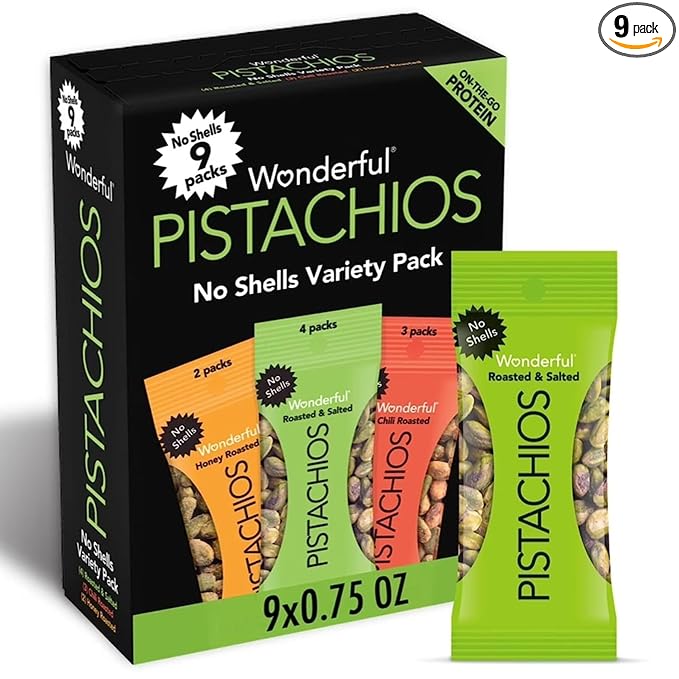 Wonderful Pistachios No Shells, 3 Flavors Mixed Variety Pack of 9 (0.75 Ounce), Roasted & Salted Nuts (4), Chili (3), Honey (2), Protein Snacks, Gluten Free, Healthy Snacks Variety Pack for Adults