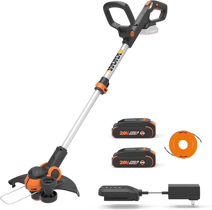 WORX Cordless String Trimmer & Lawn Edger, 12" Electric Weed Wacker with Command Feed, 20V Weed Eater with 5.5 LBS, 2 Batteries & Charger Included, WG163