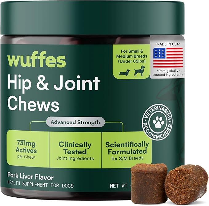 Wuffes Advanced Dog Hip and Joint Supplement with Glucosamine, Chondroitin, Omega 3, MSM, and Green Lipped Mussel, 60 Pork Flavored Chews for Small and Medium Dog Breeds