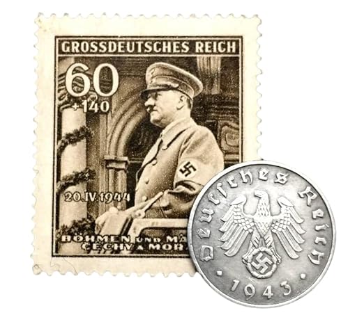 WWII Germany Coin & Stamp Set – Authentic 1 Reichspfennig Zinc Coin (1940-1944) & 1944 Bohmen und Mahren Stamp – Rare WWII Collectible
