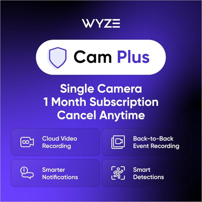 Wyze Security Plan - Cam Plus | 1 Camera | 1 Month Subscription. AI features | Smart Detection for Person, Pet, Package, Vehicle and Glass Break | Security Surveillance and Monitoring | Rolling 14 Days Event Video Recording | Activation Required | Cancel Anytime
