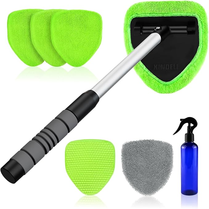XINDELL Windshield Cleaner Tool – Car Interior Window Cleaning Kit with Extendable Handle & 4 Microfiber Pads, Auto Wiper Inside Windshield Brush for Car & Home Windows