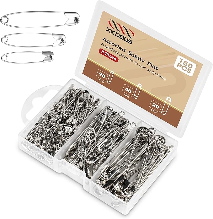 XKDOUS 3 Most Universal Safety Pins Assorted Sizes, Small & Large Safety Pins for Clothes, 150 Pack Silver Sharp Edge Pins for Clothing, Sewing & Craft Supplies