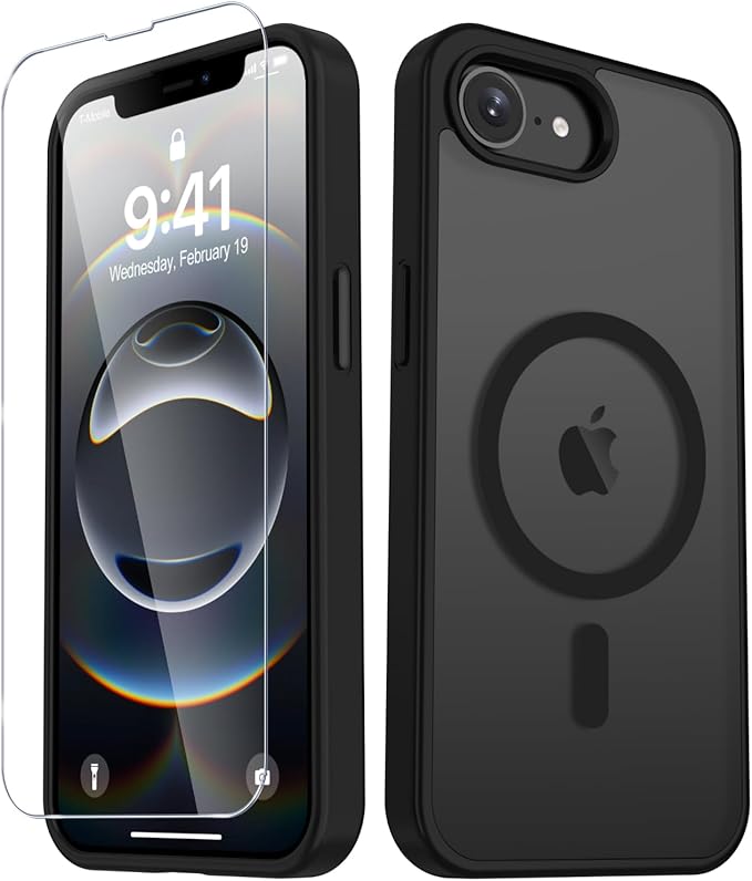 YENAPOON for iPhone 17e Case, iPhone 16e Case, Matte Magnetic Phone Cover [with 1 Screen Protector] [Support for MagSafe] [Shockproof Military Grade Protection] Translucent Frosted Back, Black