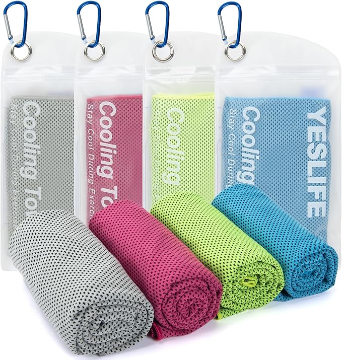 YESLIFE 4 Pack Cooling Towels (40"x12"), Gym Sweat Towels, Cooling Neck Wraps, Soft Breathable Microfiber Towels for Yoga, Running, Sport, Workout, Camping & More (Multicolor)