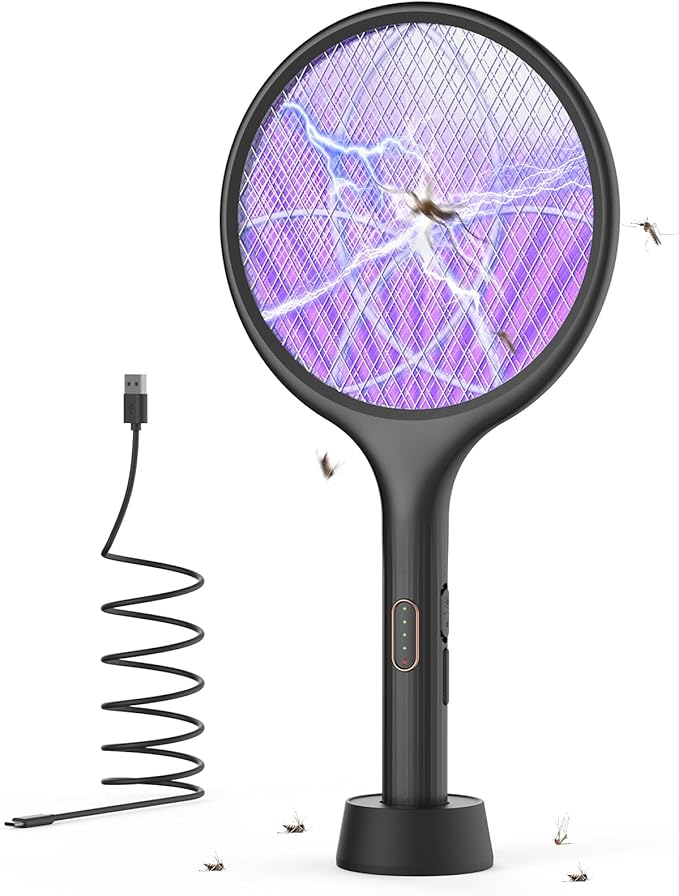 YISSVIC Electric Fly Swatter 4000V Bug Zapper Racket Dual Modes Mosquito Killer with Purple Mosquito Light Rechargeable for Indoor Home Office Backyard Patio Camping (1, Black)