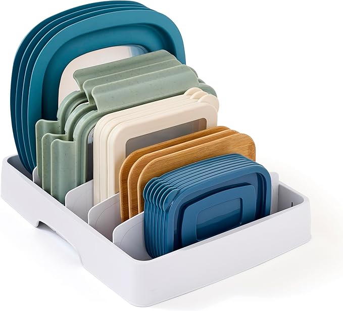 YouCopia StoraLid Food Container Lid Organizer for Kitchen Cabinet Storage with 5 Adjustable Dividers, 10.5''D × 13.4''W × 3.3''H, Large Classic Edition, White