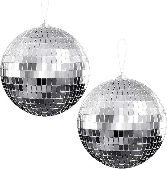 Youdepot Disco Ball 4" Inch 2-Pack,Silver Hanging Ball with Attached String for Ring,Reflects Light,Fun Party Home Bands Decorations,Party Favor.