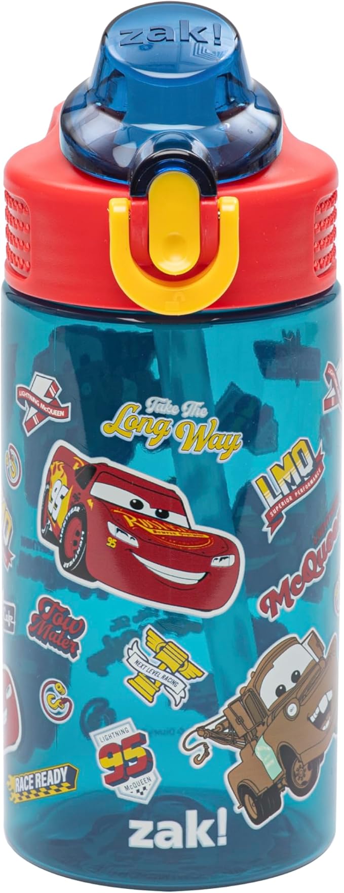 Zak Designs Disney Pixar Cars Sage Kids Water Bottle For School or Travel, 16oz Durable Plastic Water Bottle With Straw, Handle, and Leak-Proof, Pop-Up Spout Cover (Lightning McQueen & Mater)