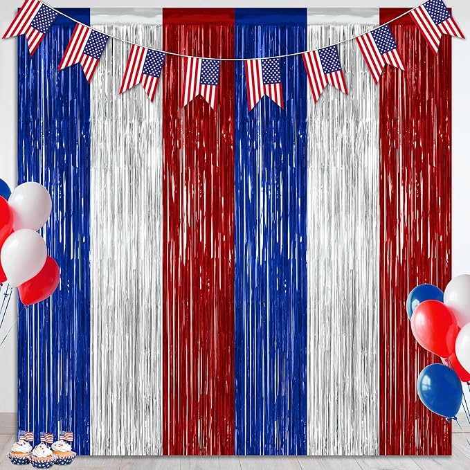 ZATAYE 2 Pack Blue Silver Red Foil Curtain Streamer Decorations | Blue Silver Red, Metallic Foil, 3.28 x 7.05 FT, Tinsel Backdrop, Foil Curtain Streamer, Party Decorations