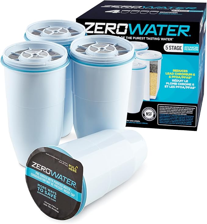 ZeroWater Official Replacement Filter - 5-Stage 0 TDS Water Filter Replacement IAPMO Certified to Reduce Lead, Chromium, and PFOA/PFOS 4-Pack