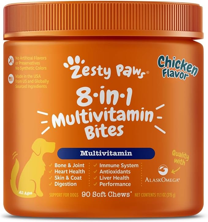 Zesty Paws Dog Multivitamin, Chewable Dog Vitamins and Supplements for Hip & Joints, Skin & Coat, Omega 3 Fish Oil for Dogs- Senior & Puppy Multivitamin- Chicken- 90ct