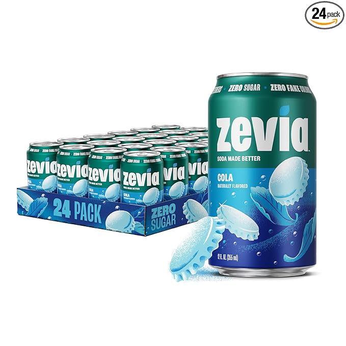 Zevia Zero Sugar Soda, Cola, 12 oz Cans (24-Pack) – Naturally Sweetened, Zero Calorie Sugar Free Soda - Non-GMO Project Verified, Gluten-Free, Vegan