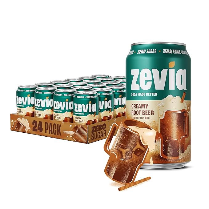 Zevia Zero Sugar Soda, Creamy Root Beer, 12 oz Cans (24-Pack) – Naturally Sweetened, Non-GMO Project Verified, Gluten-Free, Vegan