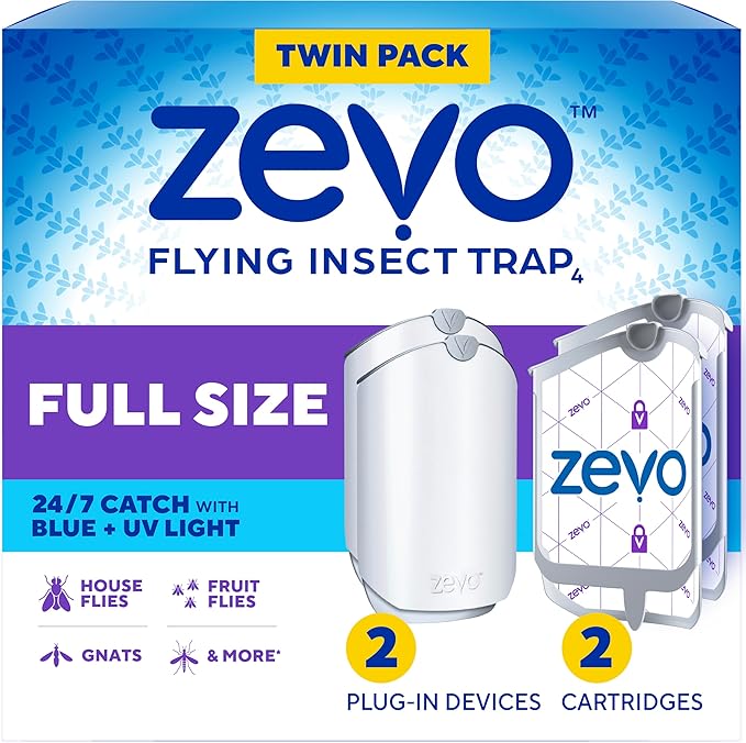 Zevo 2 Flying Insect Traps & 2 Refill Cartridges - Plug in Fly Trap & Indoor Bug Catcher for Gnats, House & Fruit Flies - Blue & UV Light Technology, Mess-Free Alternative to Bug Zapper