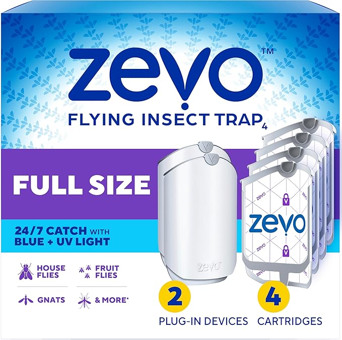 Zevo Flying Insect Traps - Plug-in Indoor Fly Trap and Bug Light Trap Refill with Blue and UV Light - No-Mess Cartridge for House Flies, Fruit Fly Trap and Gnats (2 Plug-in Bases and 4 Cartridges)