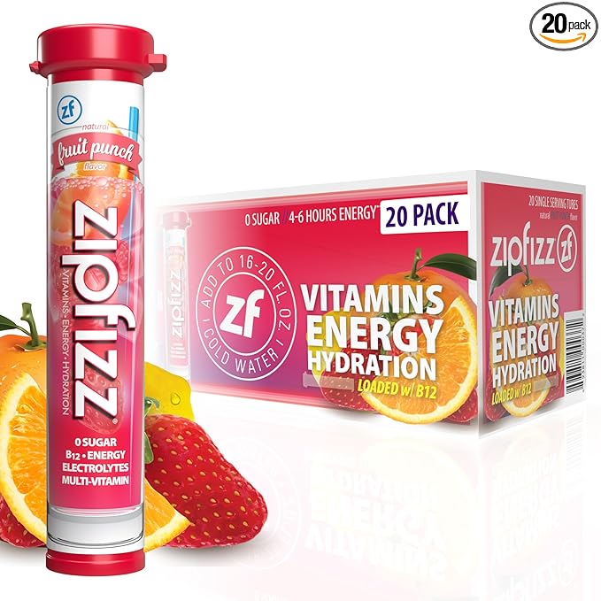Zipfizz Daily Energy Drink Powder, Fruit Punch, 20 Pack 3-in-1 Sustained Energy, Rapid Hydration, and Essential Vitamins Sugar-Free Electrolyte Powder Contains Vitamin B-12 & Antioxidants
