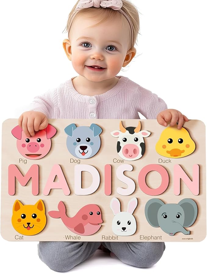 Zuzu Puzzle Personalized Name Puzzle for Toddlers 1-3 | Safari, Farm & 12 Themes | Handmade Wooden Montessori Toy, Keepsake Nursery Decor & Perfect 1st Birthday Gift for Boy Girl